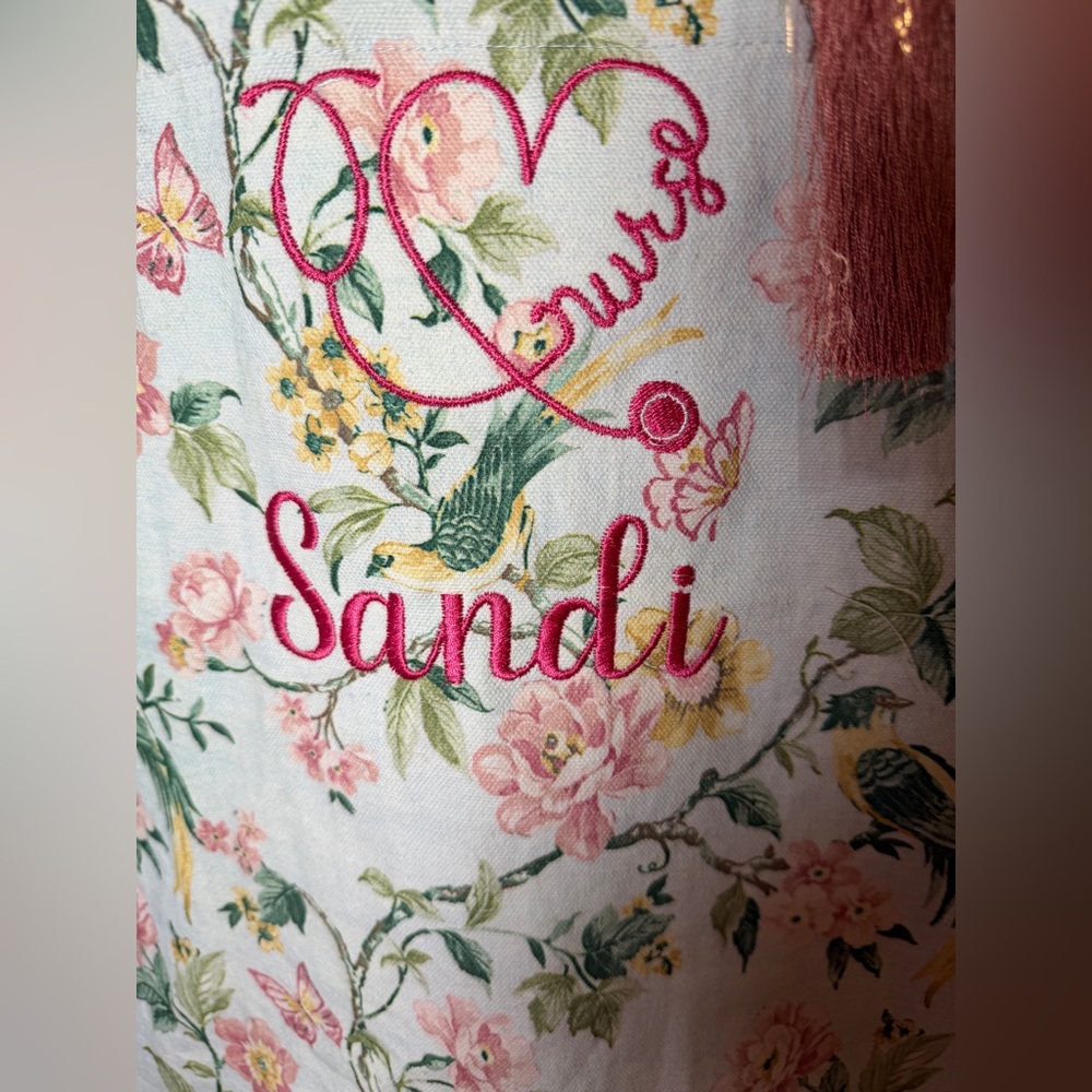 New personalized Nurse Embroidered Floral Tote with Pink Script stethoscope